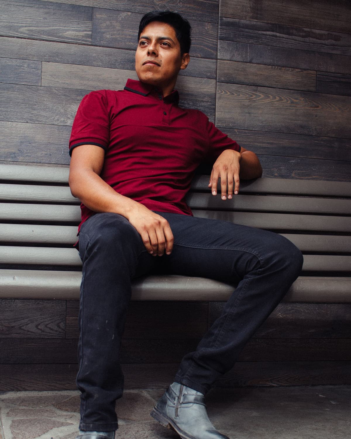 Heavyweight Jersey Polo in Maroon — seated view