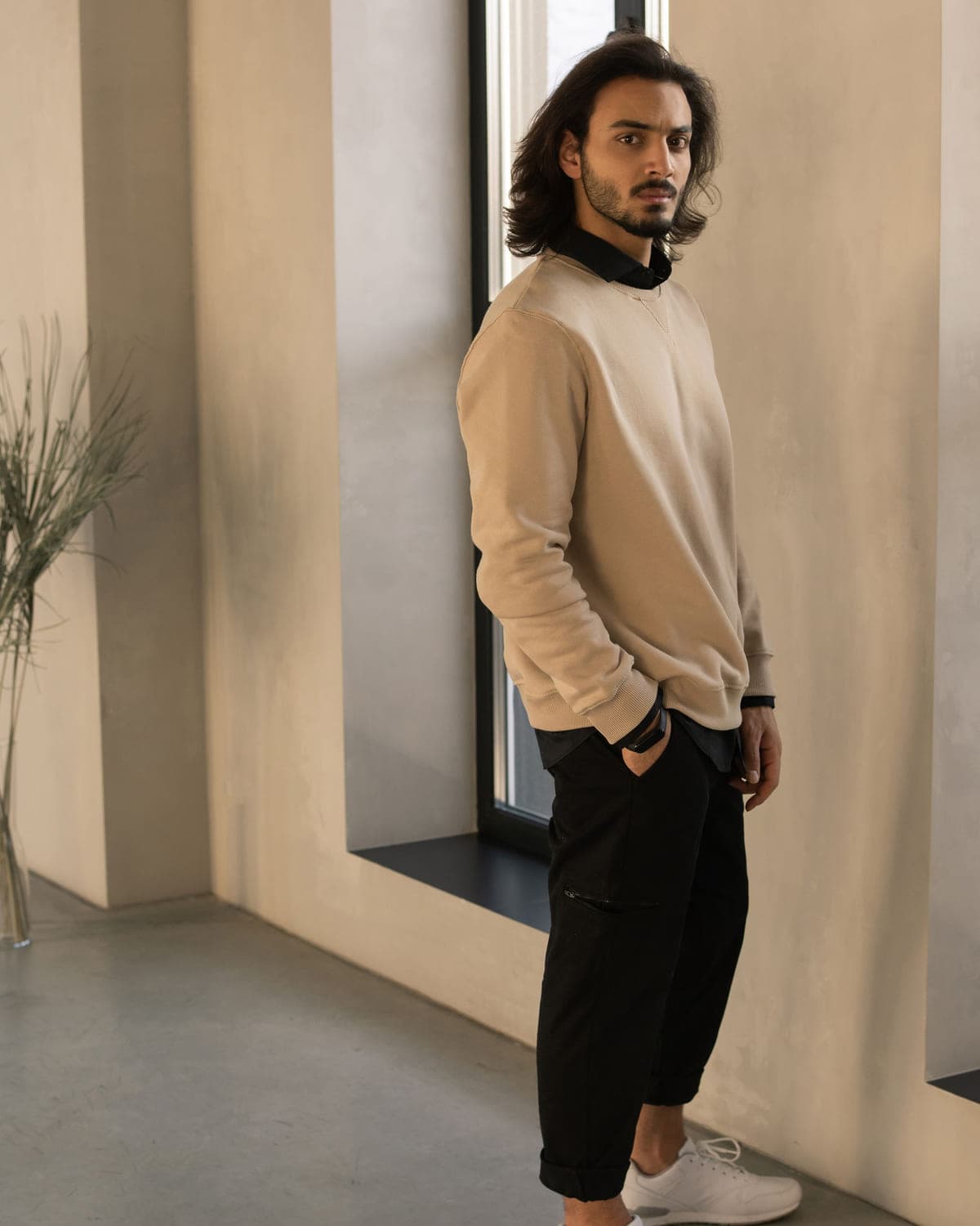 Merino Crewneck Jumper in Sand — front view