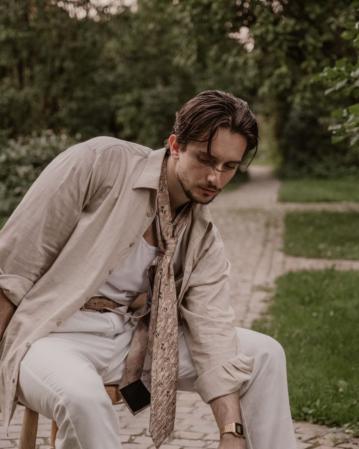 Washed Linen Shirt in Stone — front view