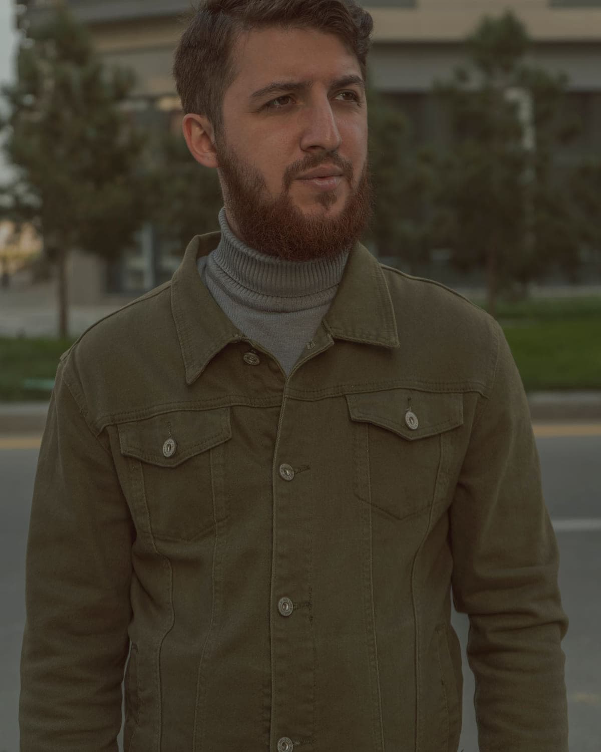 Waxed Cotton Overshirt in Olive — front view